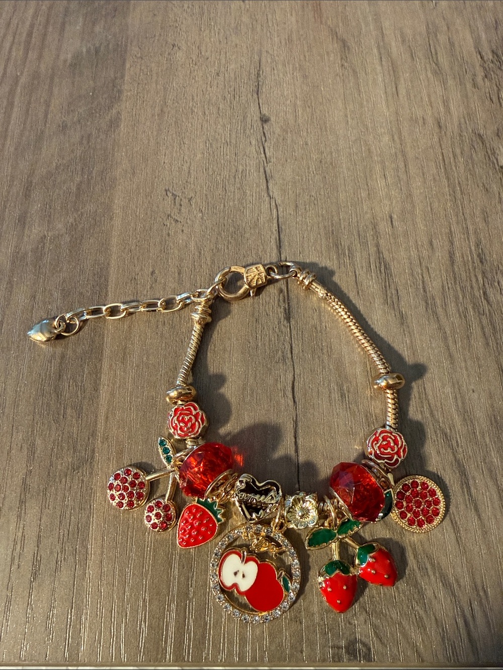 Gold Charm Bracelet with Red Fruit and Flower, Cherries, Apple, Charms Stainless